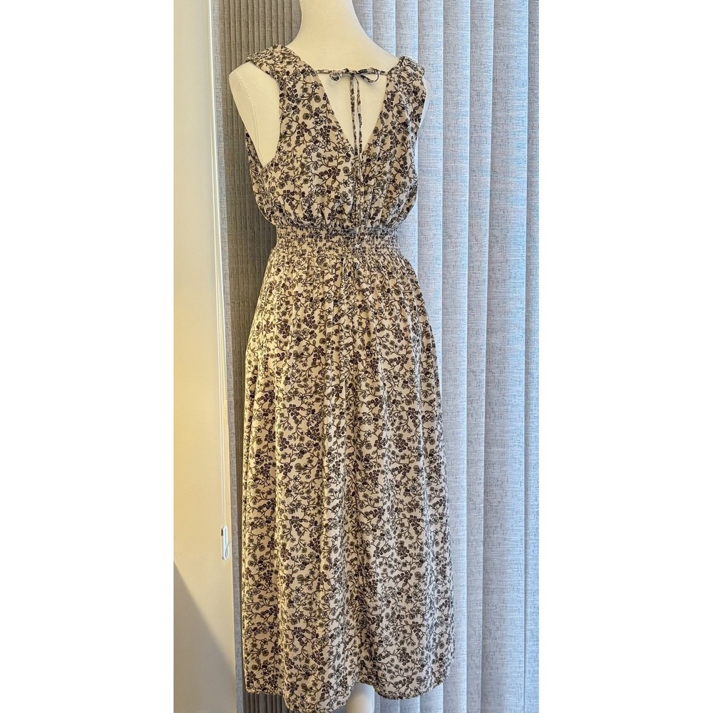 Old Navy Babydoll Midi Dress Small Beige Floral Cottagecore Fairy Smocking Beach - Picture 2 of 5